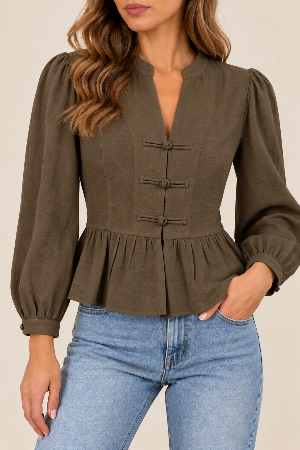 V Neck Peplum Blouse