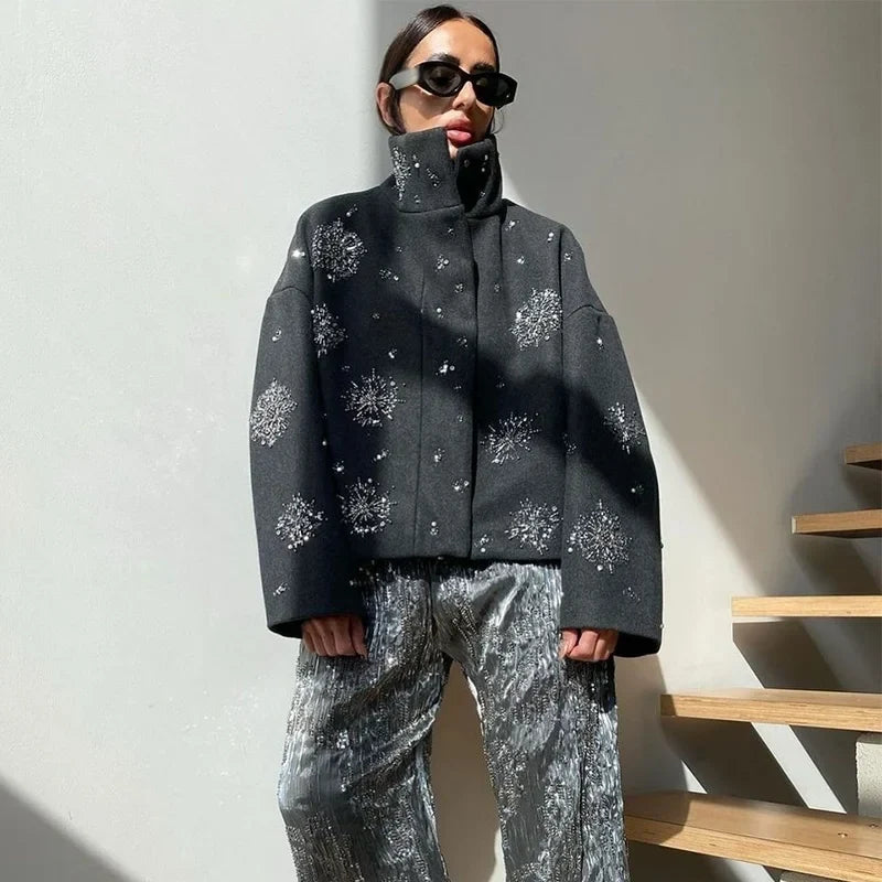 Embellished Wool Jacket with High Neck