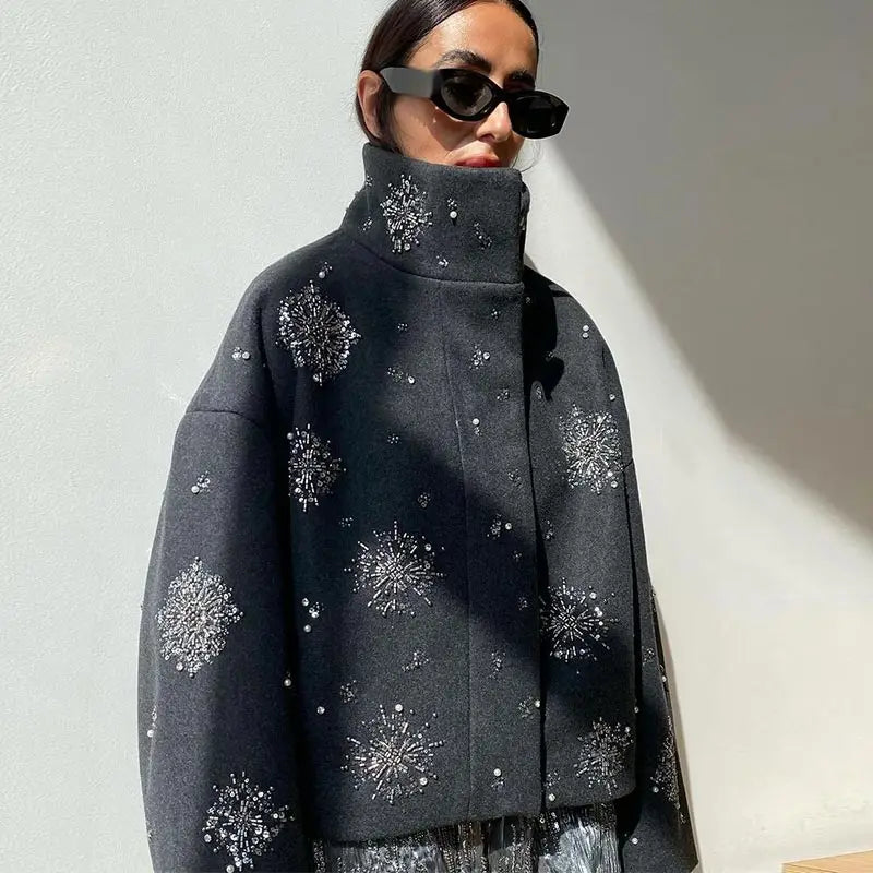 Embellished Wool Jacket with High Neck