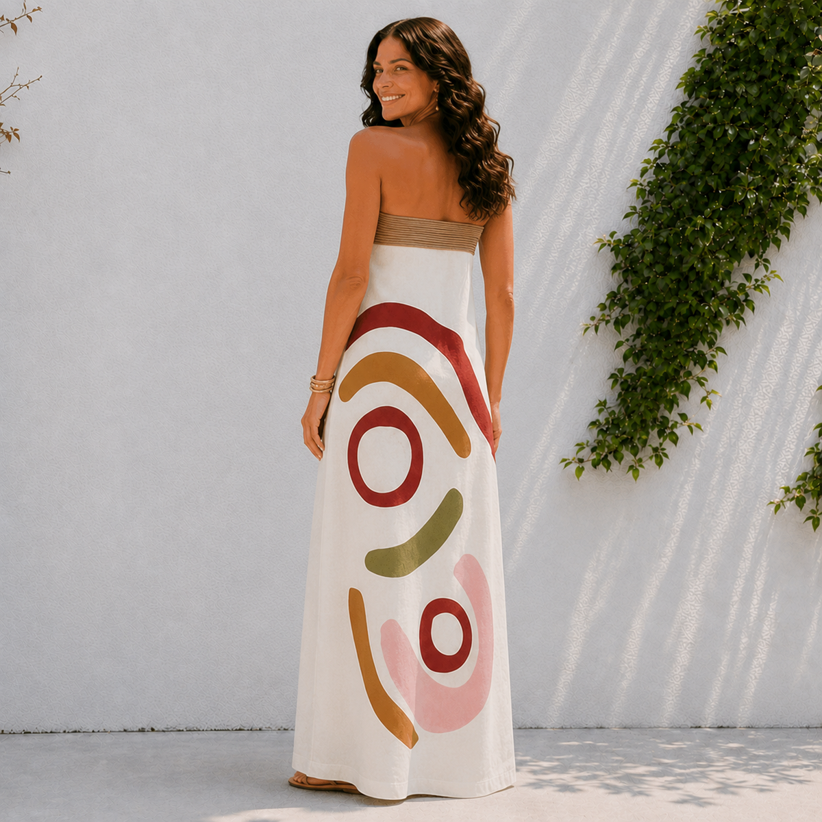 Abstract Print Strapless Maxi Dress