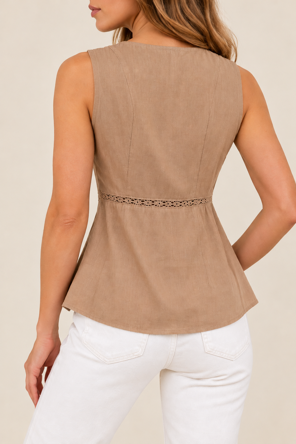 Taupe Lace Trim Tie Waist Top