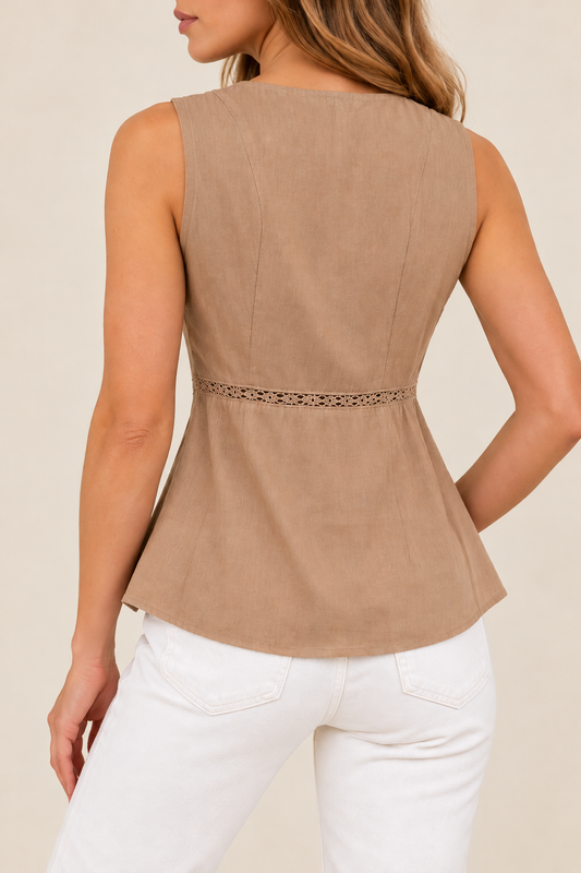 Taupe Lace Trim Tie Waist Top
