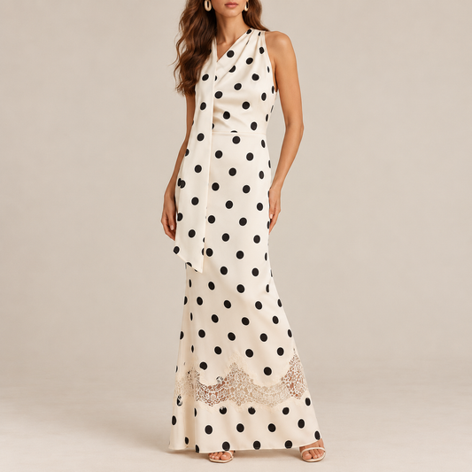 Polka Dot Satin Scarf Neck Maxi Dress with Lace