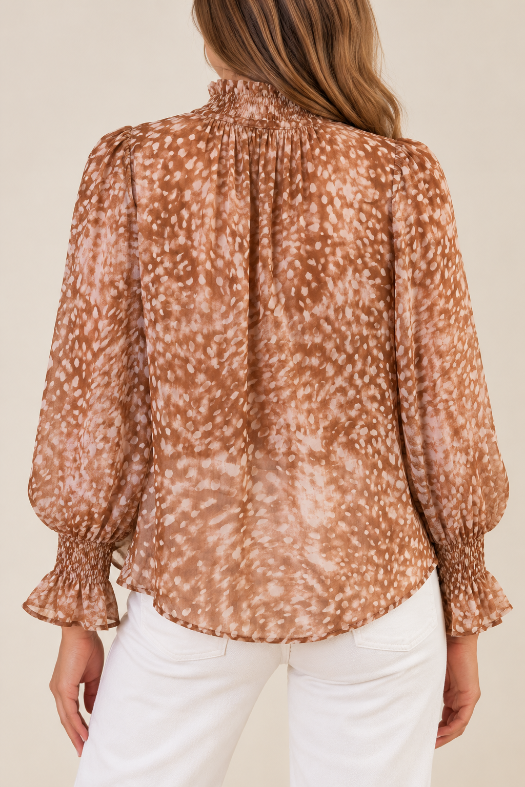 Cinnamon Ruffle Neck Print Blouse