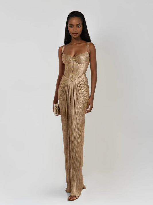 Metallic Corset Pleated Maxi Dress