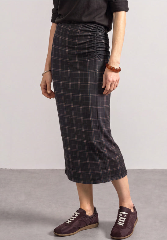 Ruched Plaid Midi Pencil Skirt