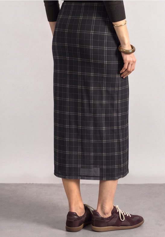 Ruched Plaid Midi Pencil Skirt