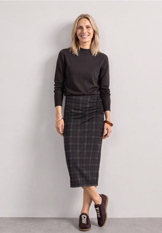 Ruched Plaid Midi Pencil Skirt