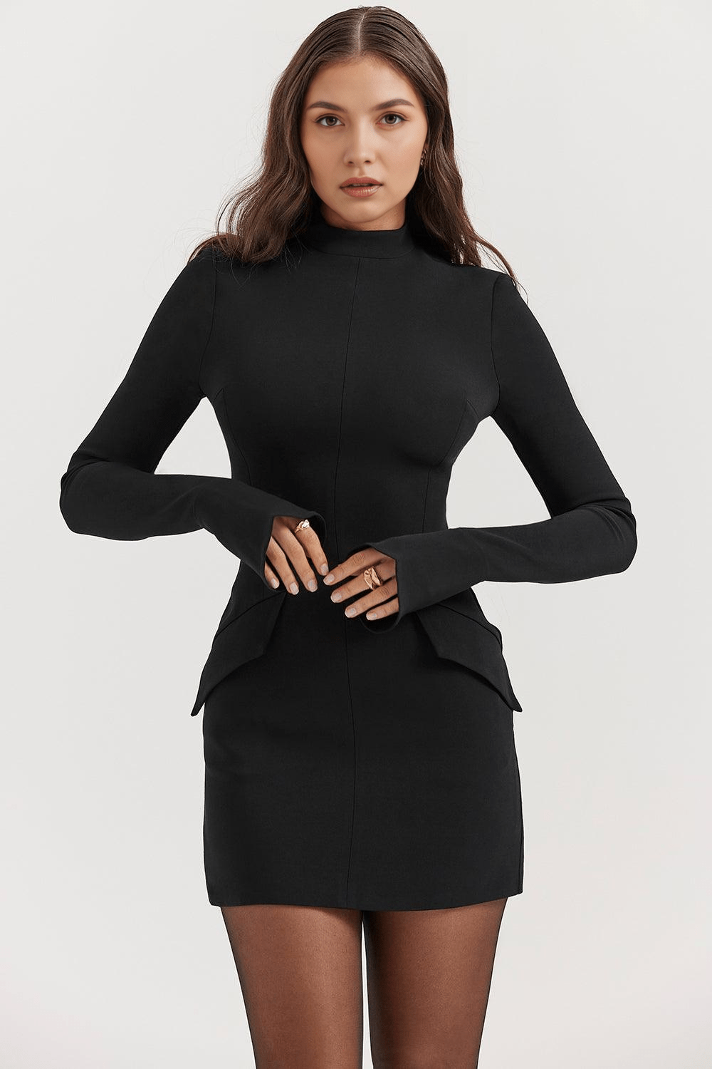 Mock Neck Flared Cuff Mini Dress