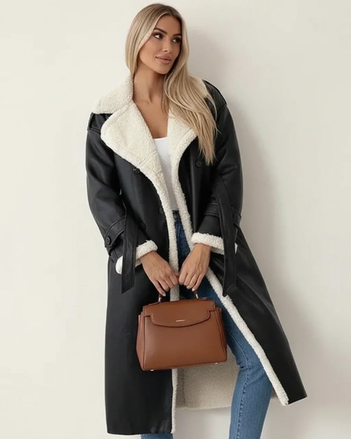 Faux Leather Double Breasted Belted Long Trench Coat
