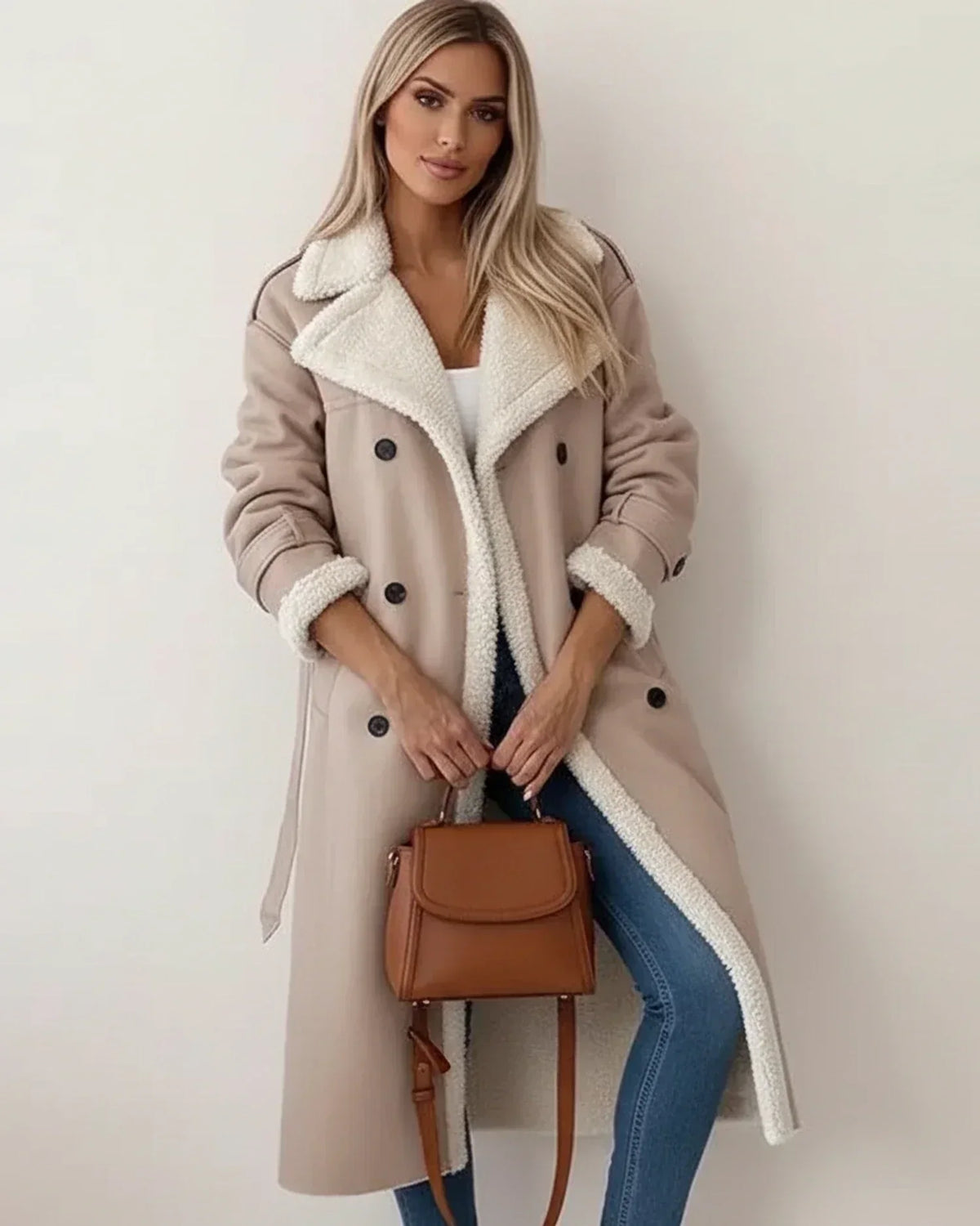 Faux Leather Double Breasted Belted Long Trench Coat
