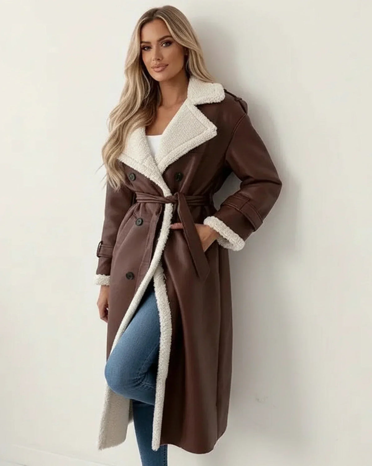 Faux Leather Double Breasted Belted Long Trench Coat