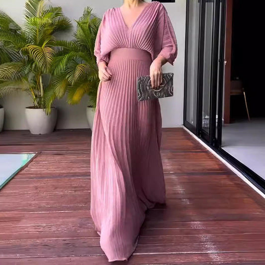 Pleated V-Neck Maxi Dress