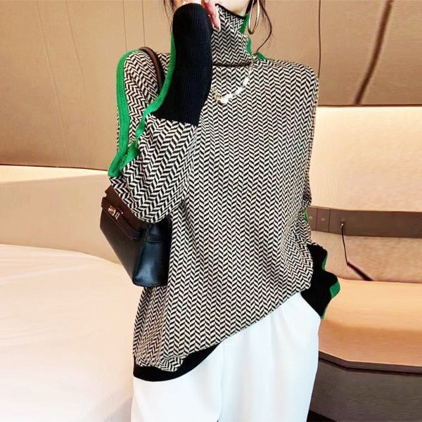 Herringbone Knit Jumper with Colour Block Trim