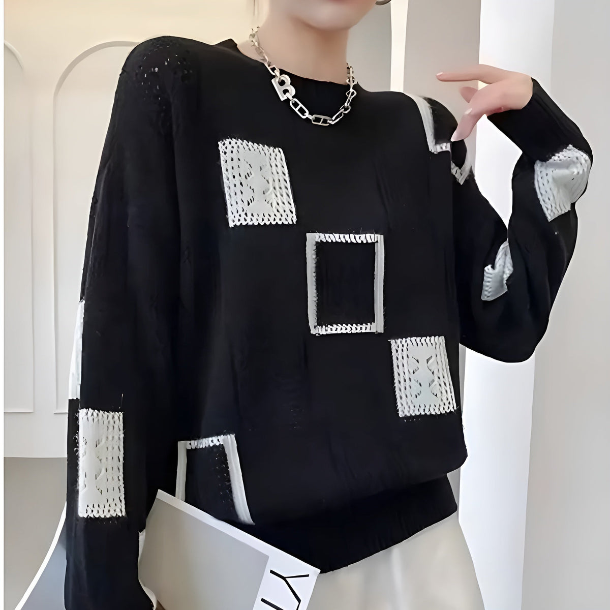 Printed Soft Knit Sweater in Black