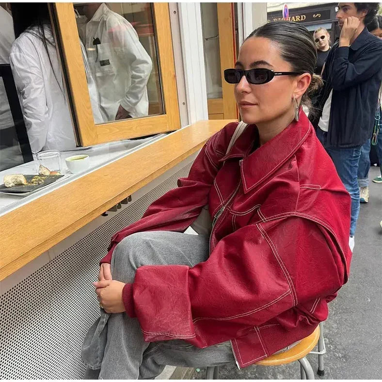 Oversized Faux Leather Bomber Jacket