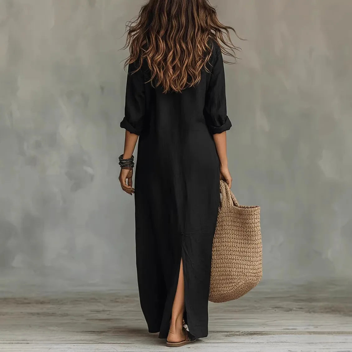 V Neck 3/4 Sleeve Maxi Dress