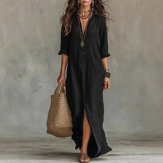 V Neck 3/4 Sleeve Maxi Dress