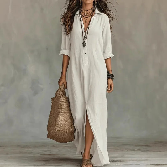 V Neck 3/4 Sleeve Maxi Dress