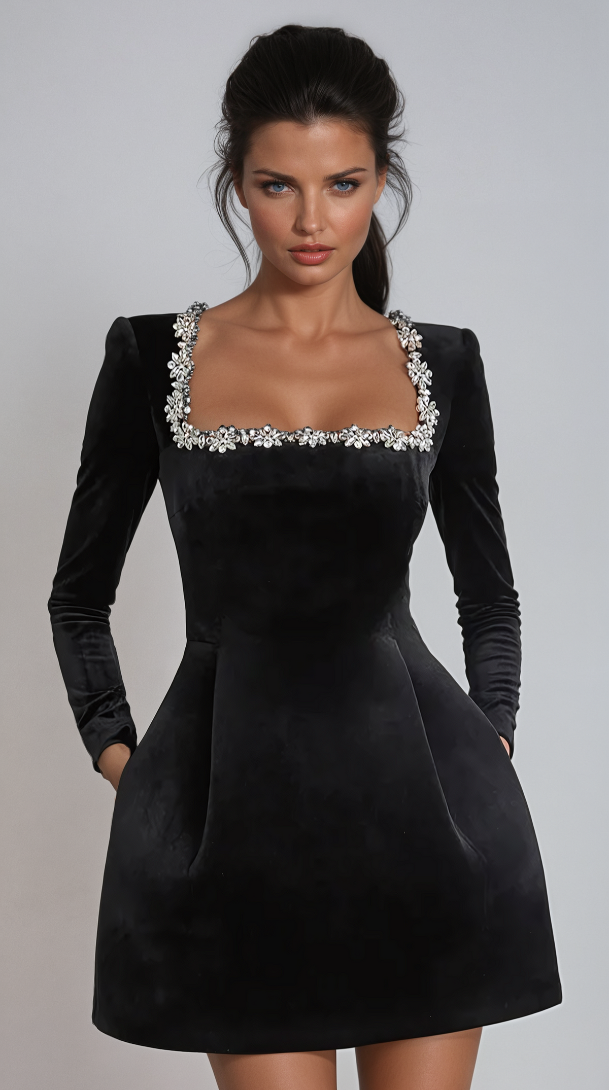 Embellished Velvet Mini Dress