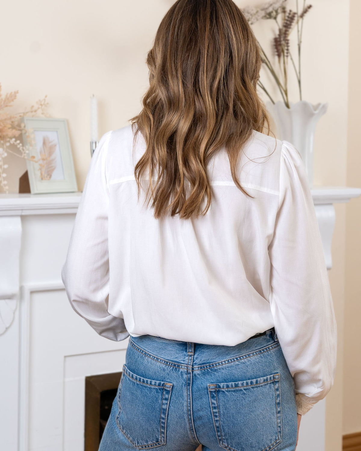 White Lace Ruffle Neck Blouse