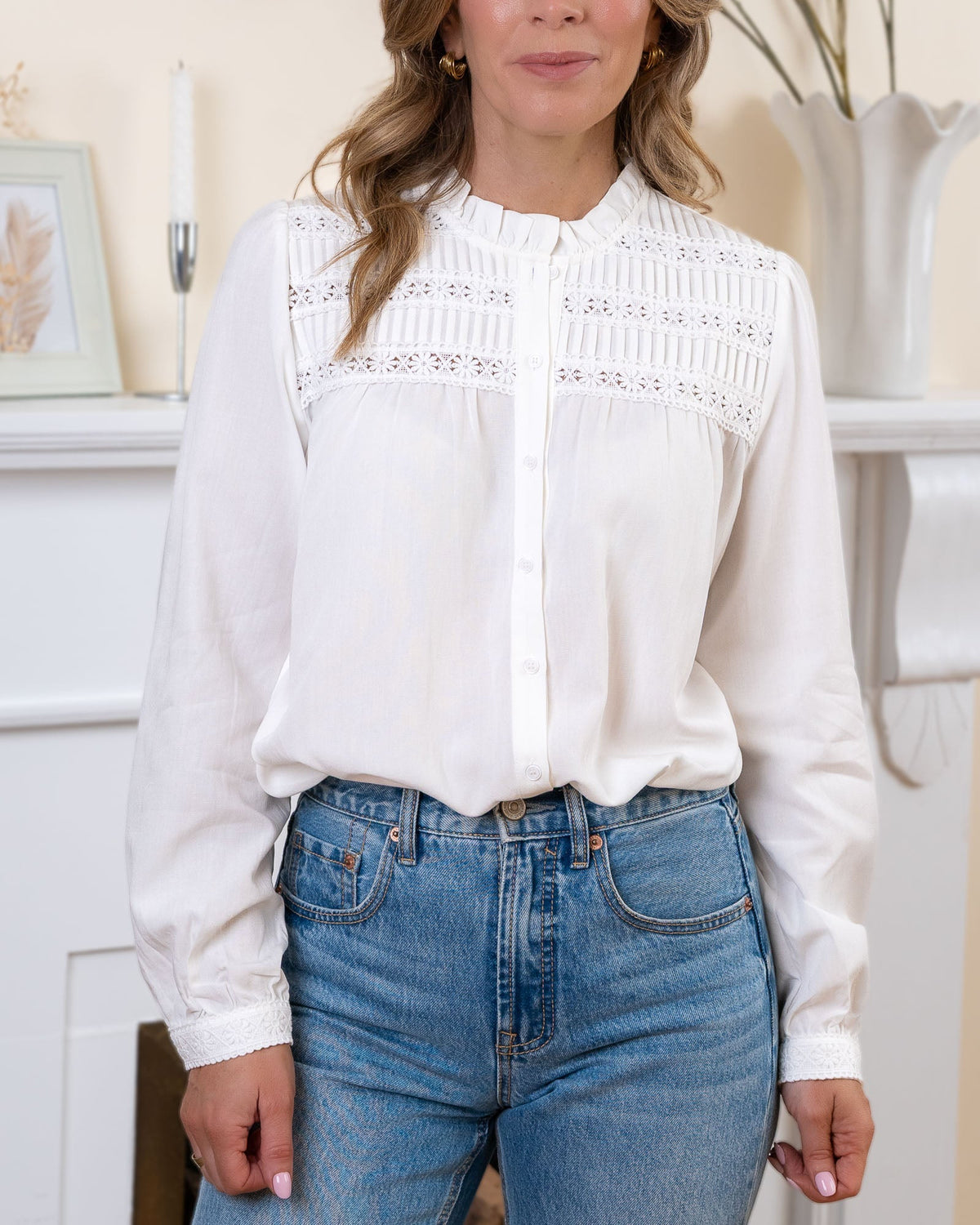 White Lace Ruffle Neck Blouse