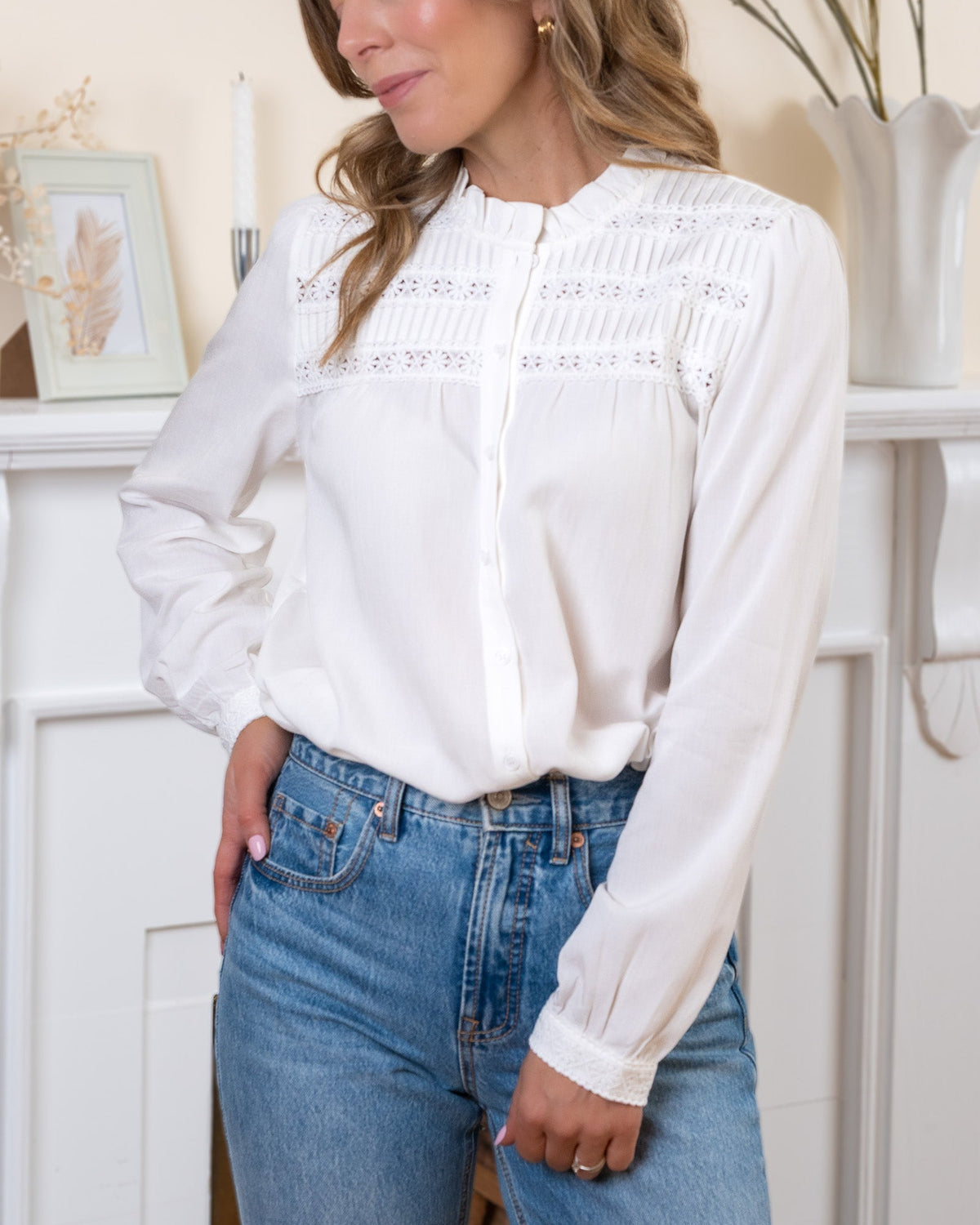 White Lace Ruffle Neck Blouse