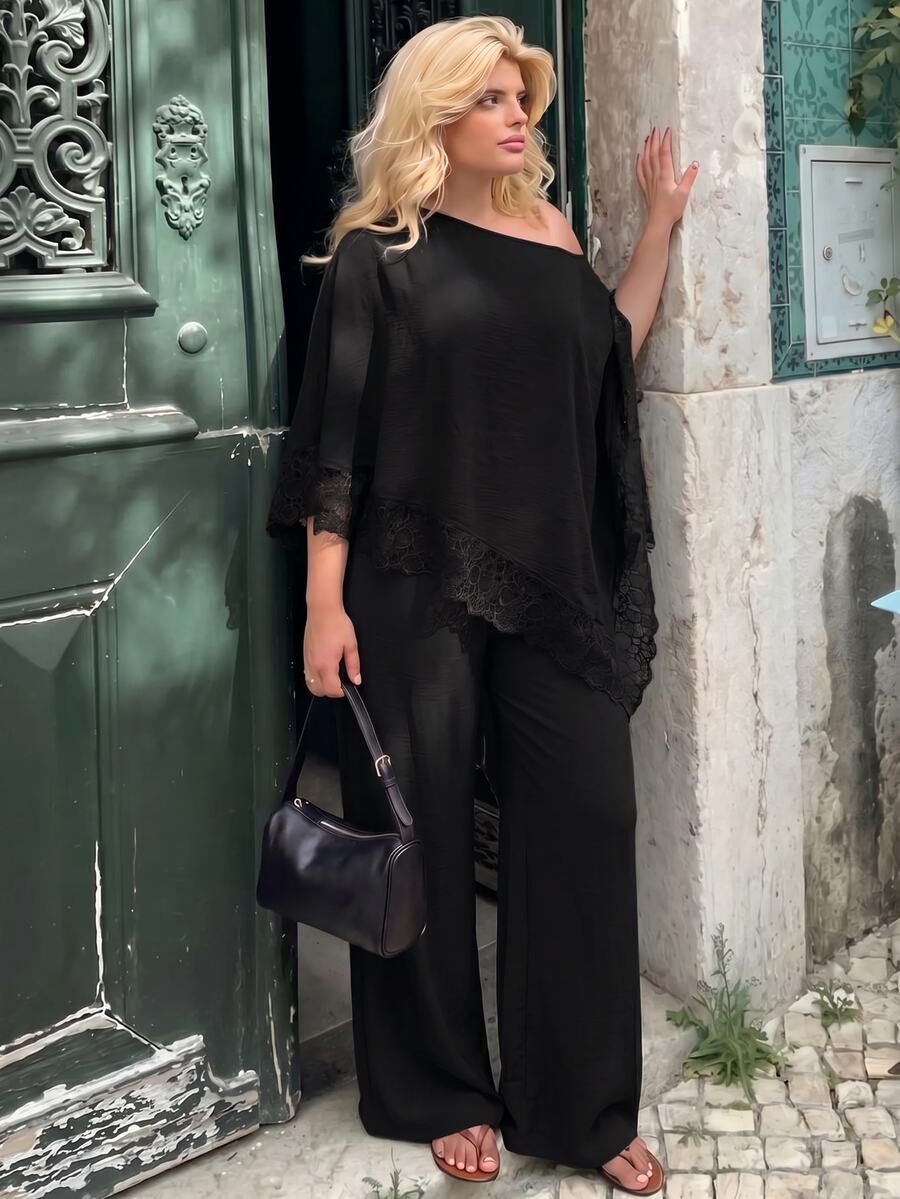Plus Size Open Shoulder Lace Trim Top