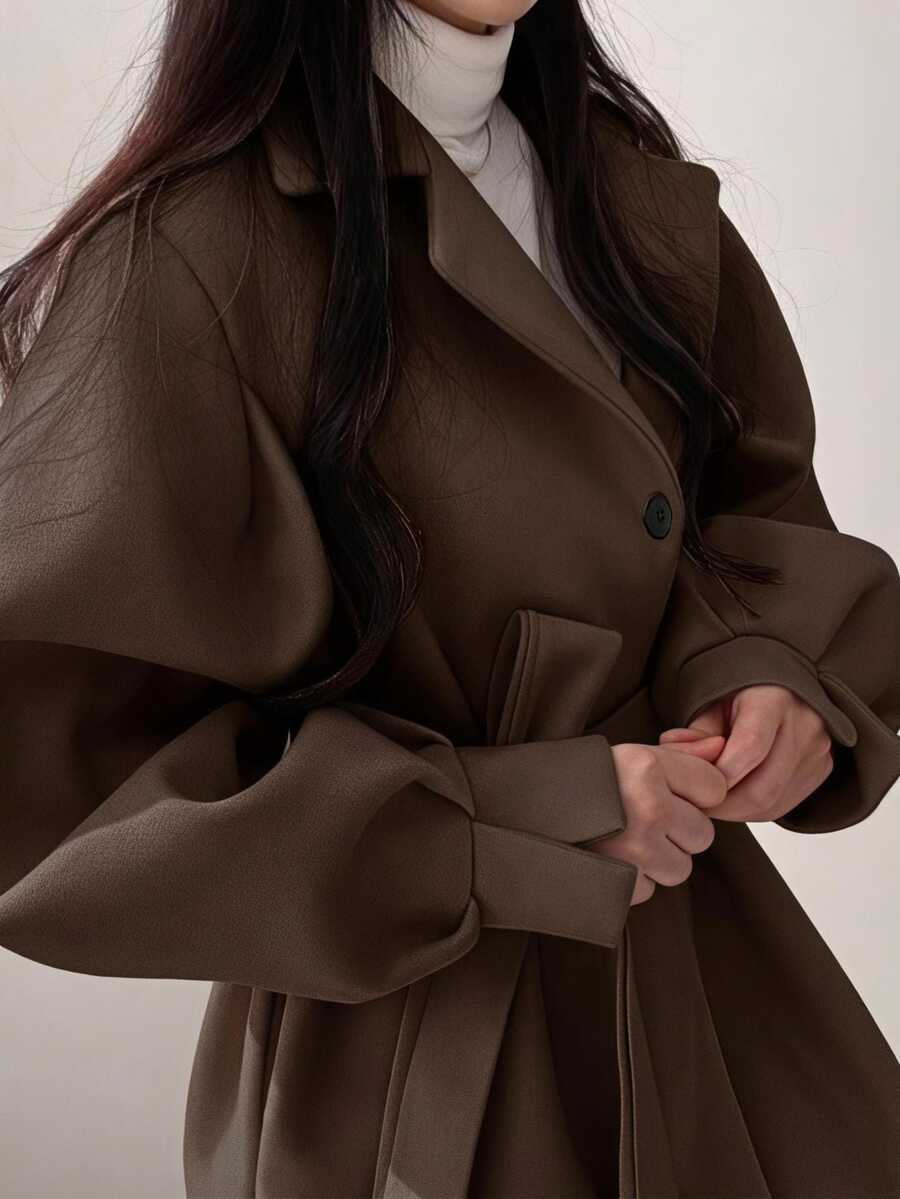 Belted Tweed Double Breasted Long Jacket