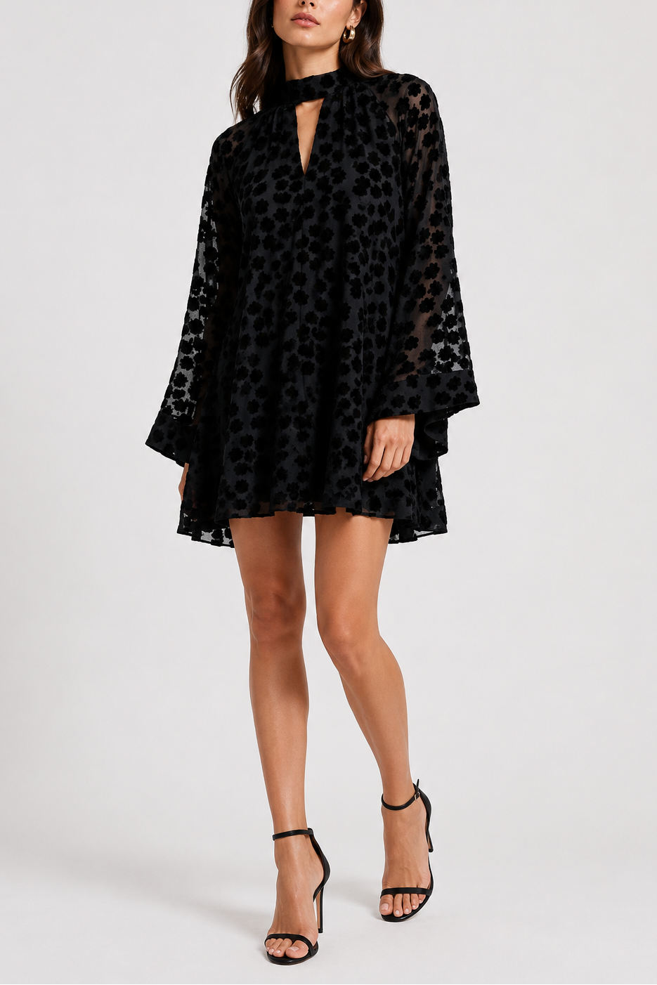 Flocked Floral Tie Neck Mini Dress