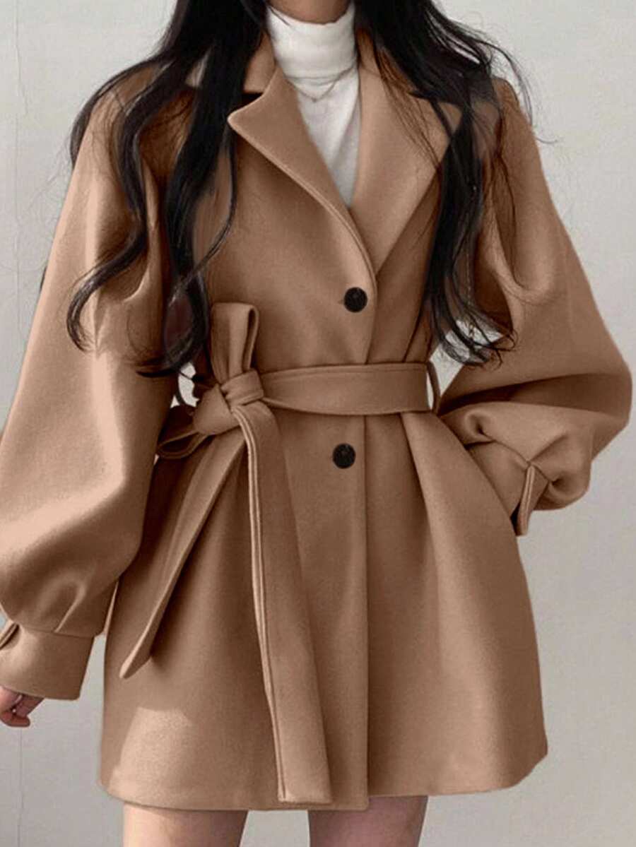 Belted Tweed Double Breasted Long Jacket