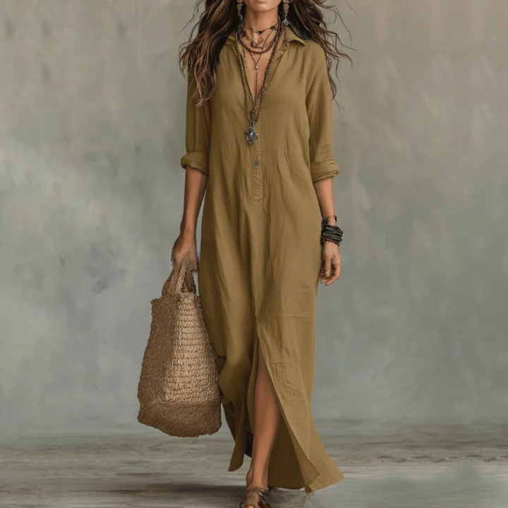 V Neck 3/4 Sleeve Maxi Dress