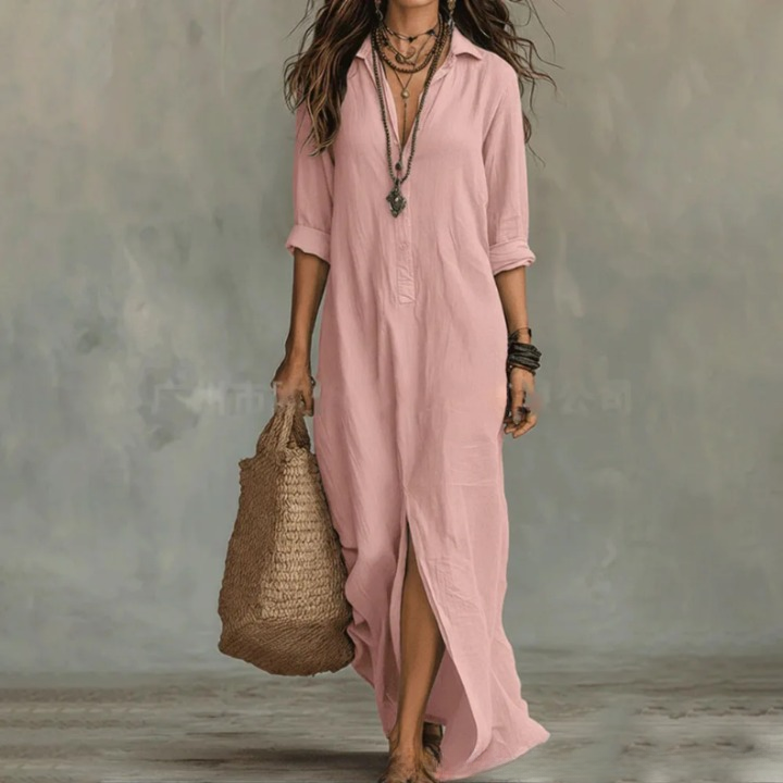 V Neck 3/4 Sleeve Maxi Dress