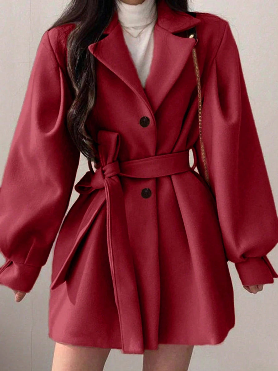 Belted Tweed Double Breasted Long Jacket