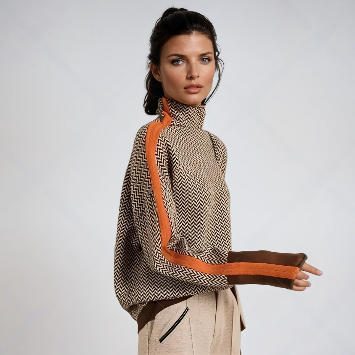 Herringbone Knit Jumper with Colour Block Trim