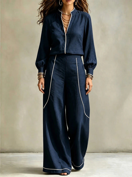 Contrast Binding Notched Shirt and Pants Set