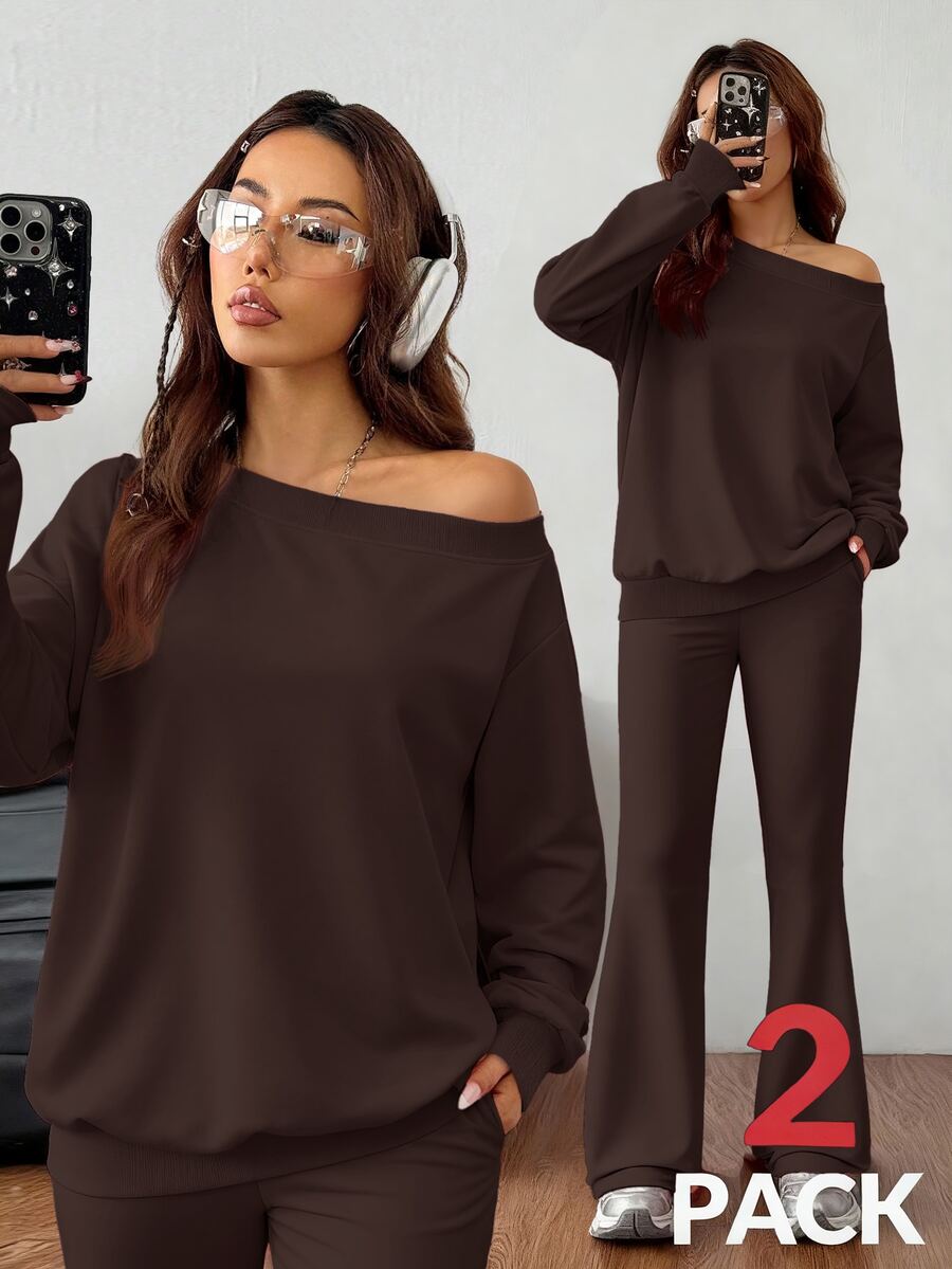 Cold Shoulder Sweatshirt and Flare Pants Set