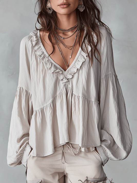 Ruffle V Neck Tiered Blouse with Balloon Sleeves