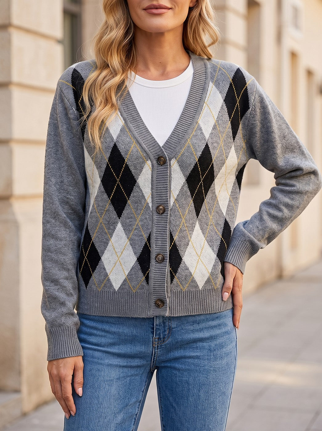Argyle Cardigan with Ribbed Trim
