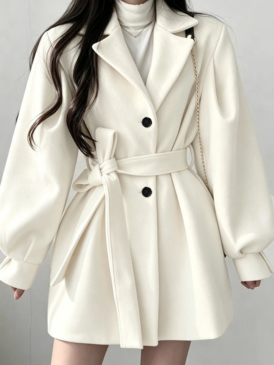Belted Tweed Double Breasted Long Jacket