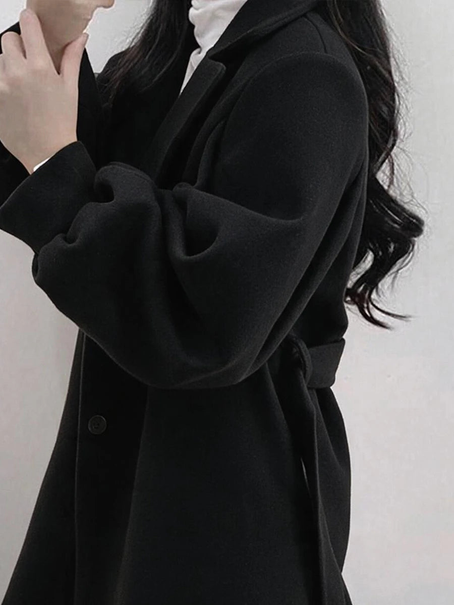 Belted Tweed Double Breasted Long Jacket