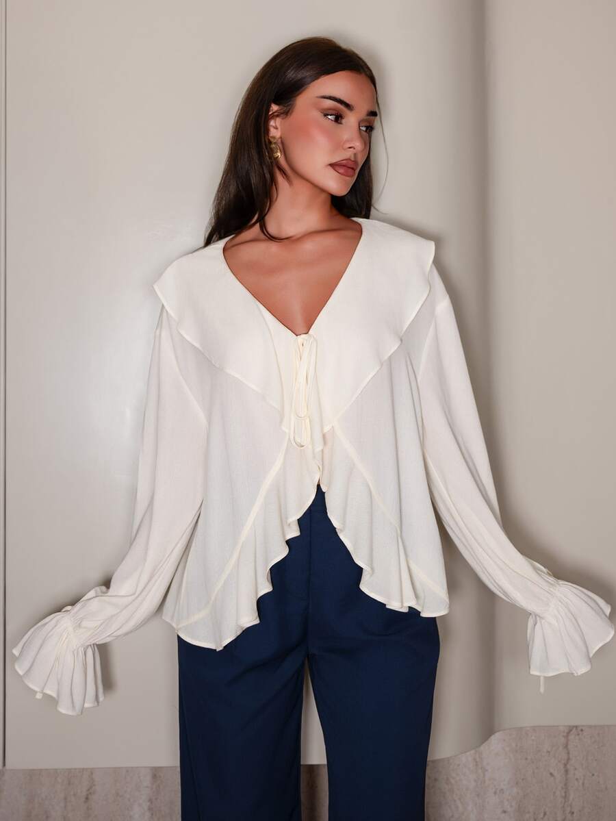 Linen Blend Ruffle Hem Sheer Blouse