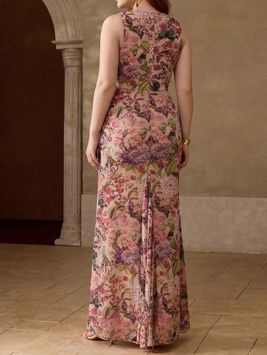 Plus Size Floral Twist Waist Chiffon Maxi Dress