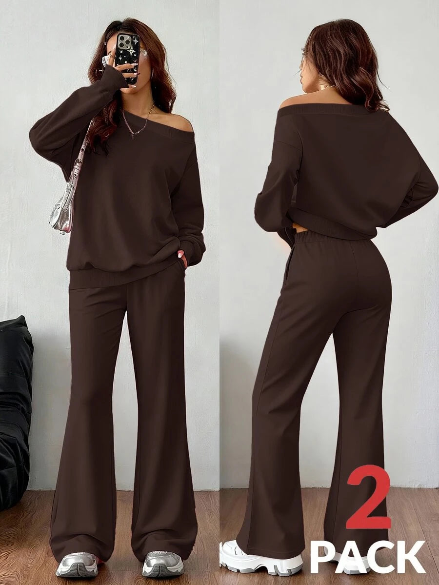 Cold Shoulder Sweatshirt and Flare Pants Set