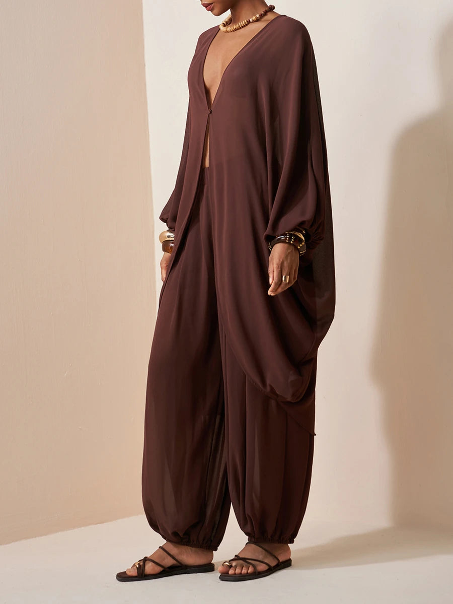 Chiffon V Neck Blouse and Pants Set