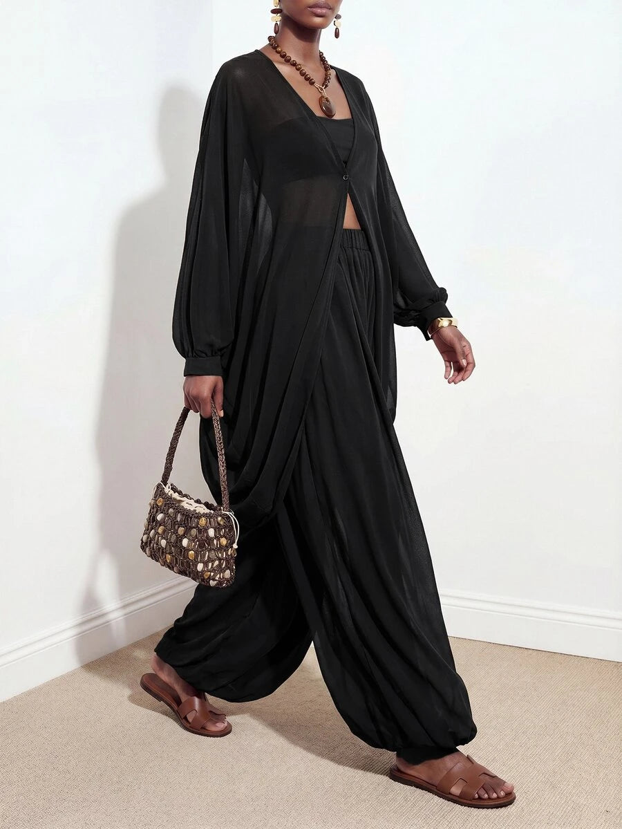 Chiffon V Neck Blouse and Pants Set