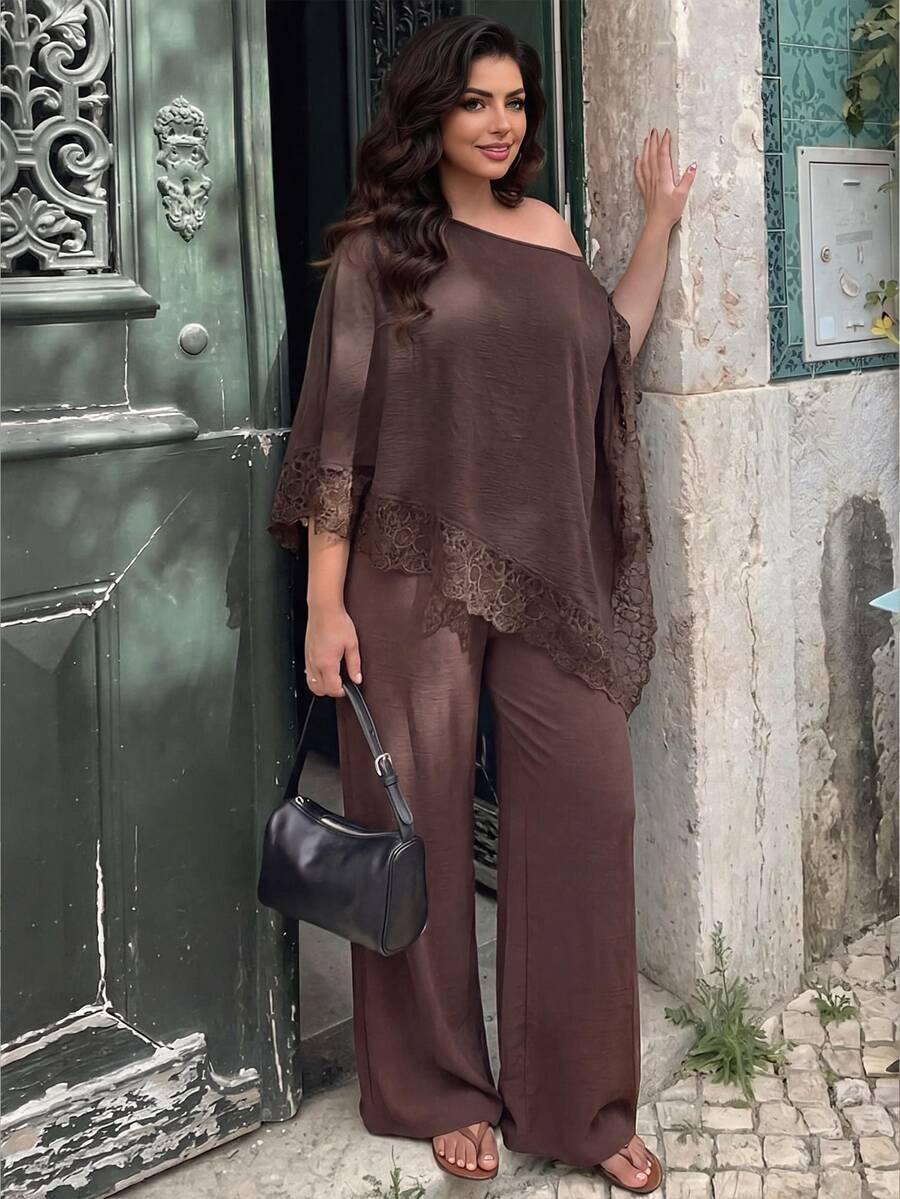 Plus Size Open Shoulder Lace Trim Top