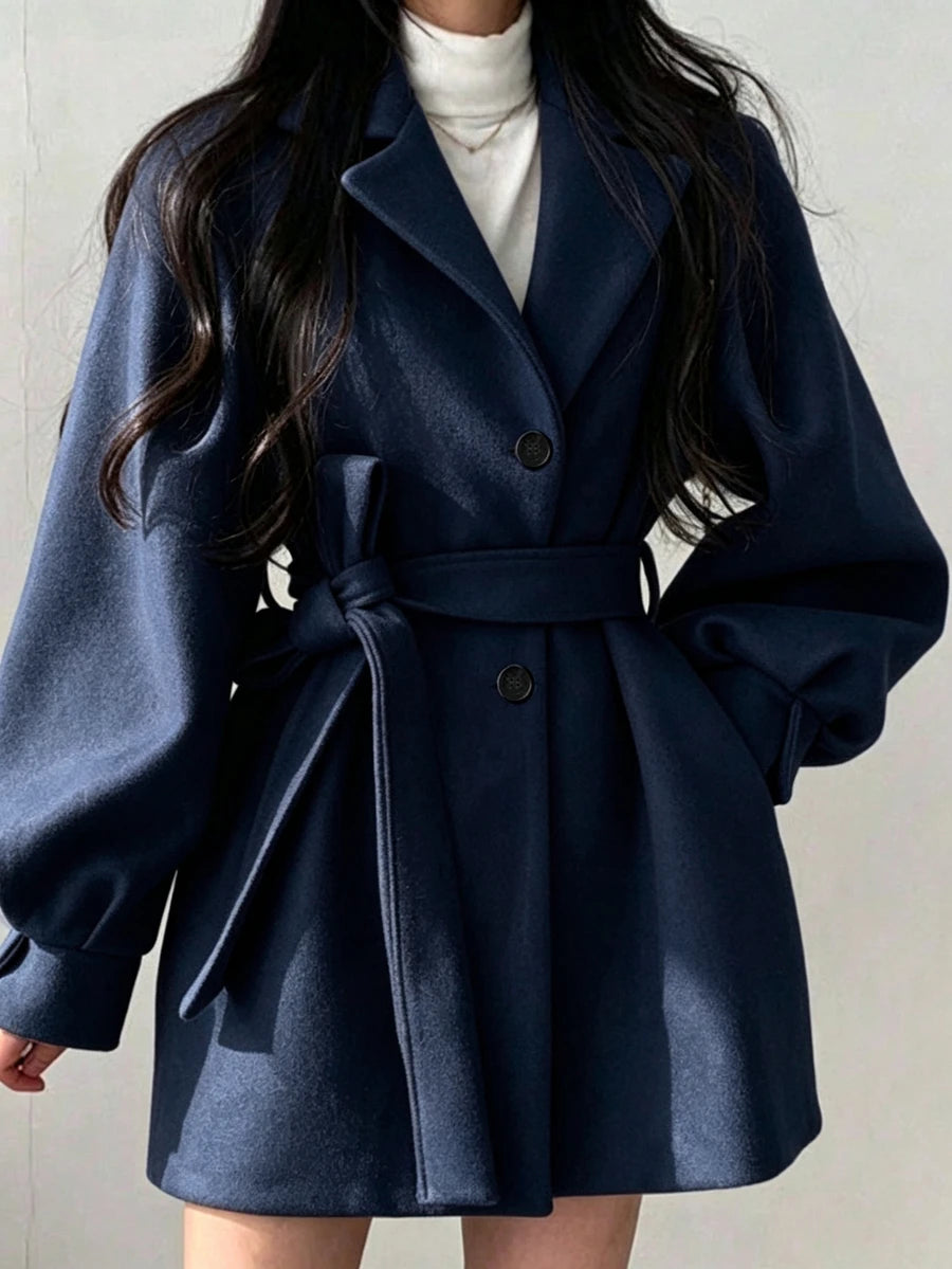 Belted Tweed Double Breasted Long Jacket