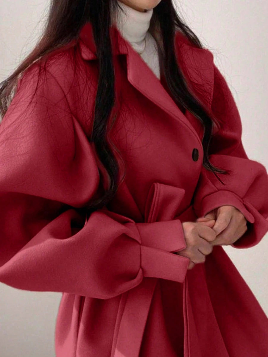 Belted Tweed Double Breasted Long Jacket