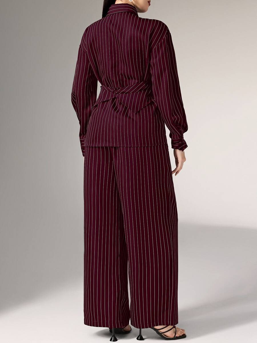 Cinched Waist Wrap Shirt and Pants Set